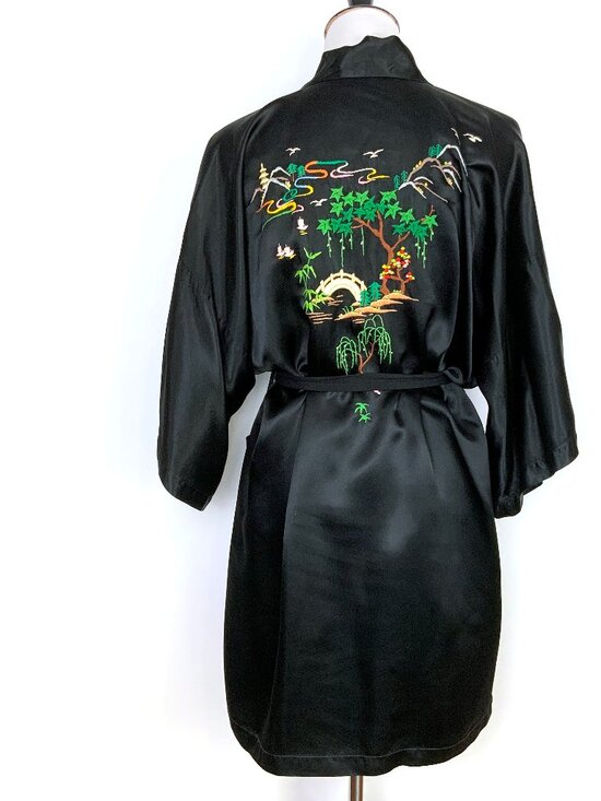 Vintage Other - Vintage Longevity Black Satin Rayon Hand Embroidered Kimono Robe Sz M